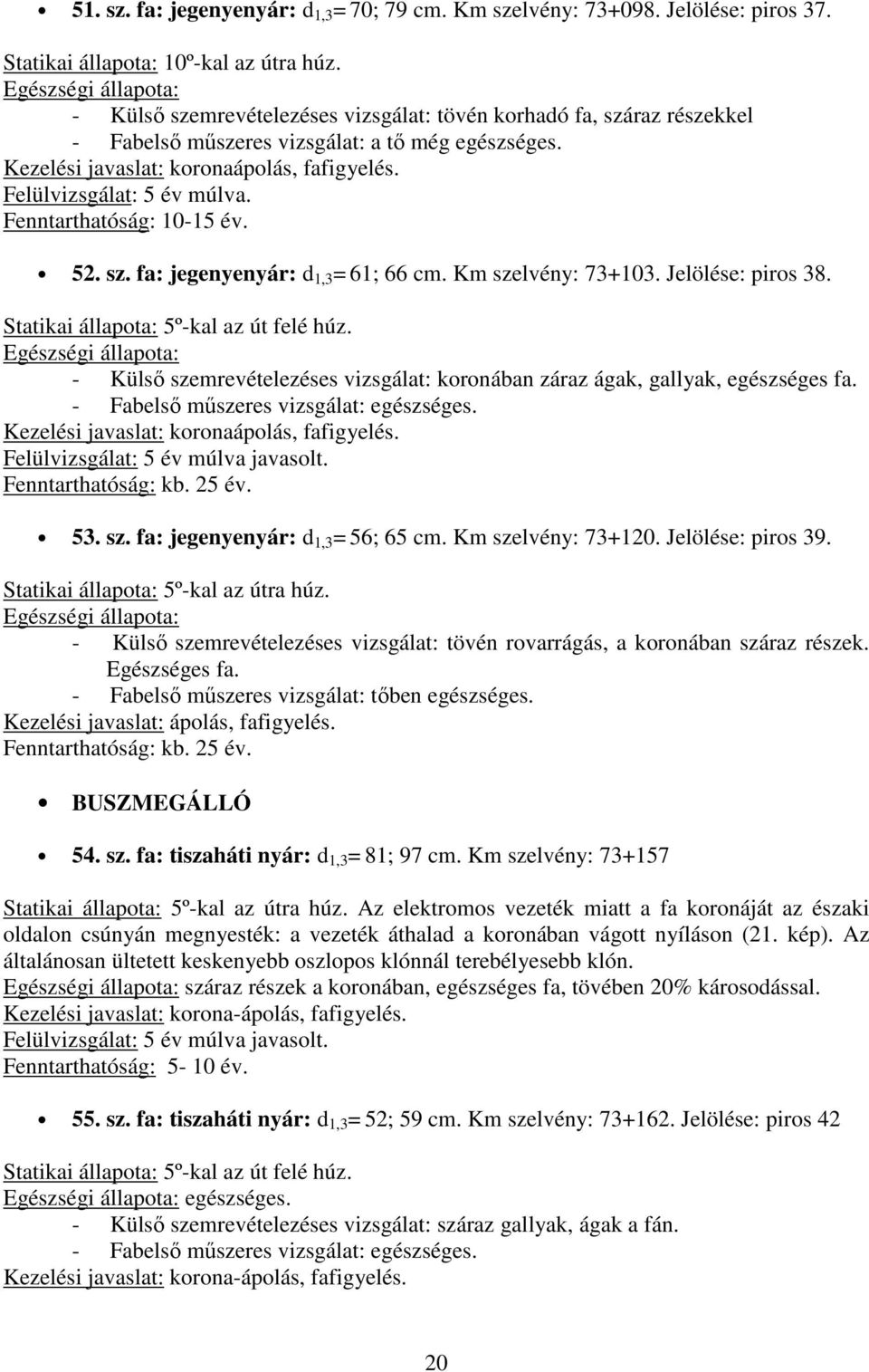 Fenntarthatóság: 10-15 év. 52. sz. fa: jegenyenyár: d 1,3 = 61; 66 cm. Km szelvény: 73+103. Jelölése: piros 38. Statikai állapota: 5º-kal az út felé húz.