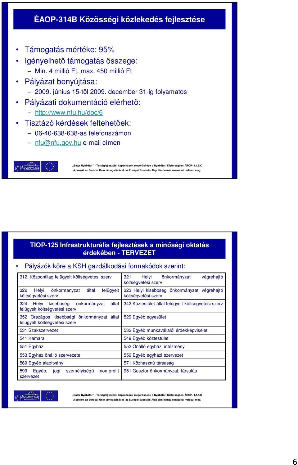 hu e-mail címen TIOP-125 Infrastrukturális fejlesztések a minőségi oktatás érdekében - TERVEZET Pályázók köre a KSH gazdálkodási formakódok szerint: 312.