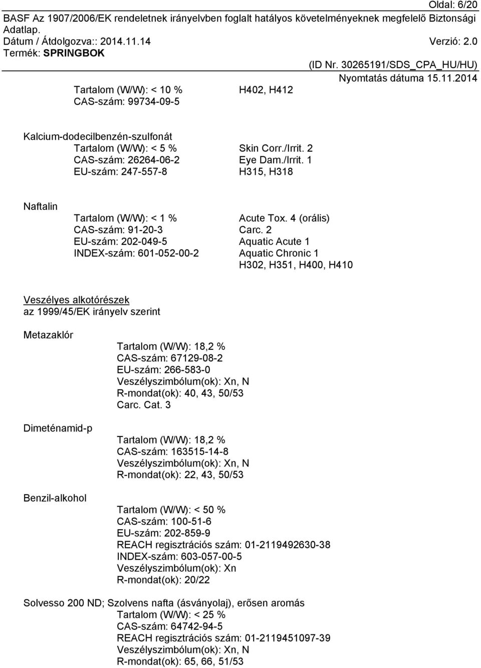 2 Aquatic Acute 1 Aquatic Chronic 1 H302, H351, H400, H410 Veszélyes alkotórészek az 1999/45/EK irányelv szerint Metazaklór Dimeténamid-p Benzil-alkohol Tartalom (W/W): 18,2 % CAS-szám: 67129-08-2