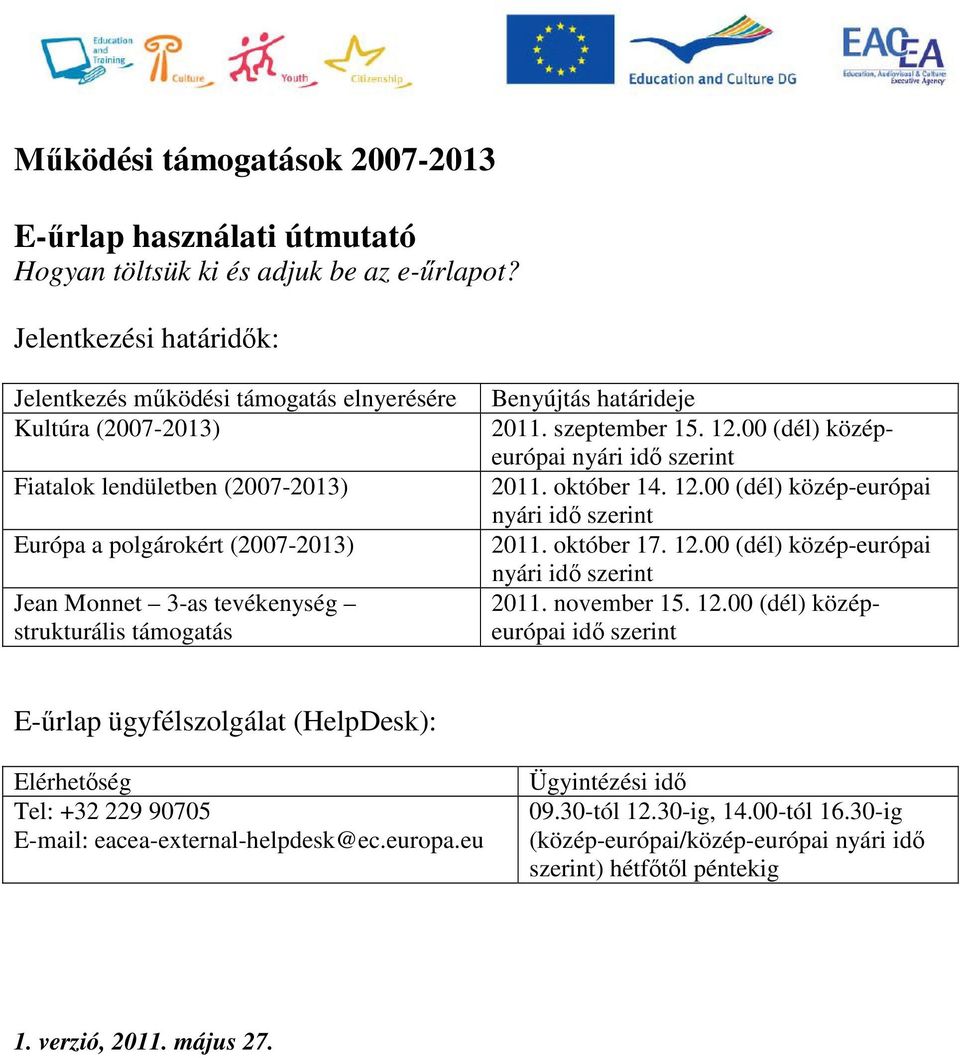 támogatás Benyújtás határideje 2011. szeptember 15. 12.00 (dél) középeurópai nyári idő szerint 2011. október 14. 12.00 (dél) közép-európai nyári idő szerint 2011. október 17. 12.00 (dél) közép-európai nyári idő szerint 2011. november 15.