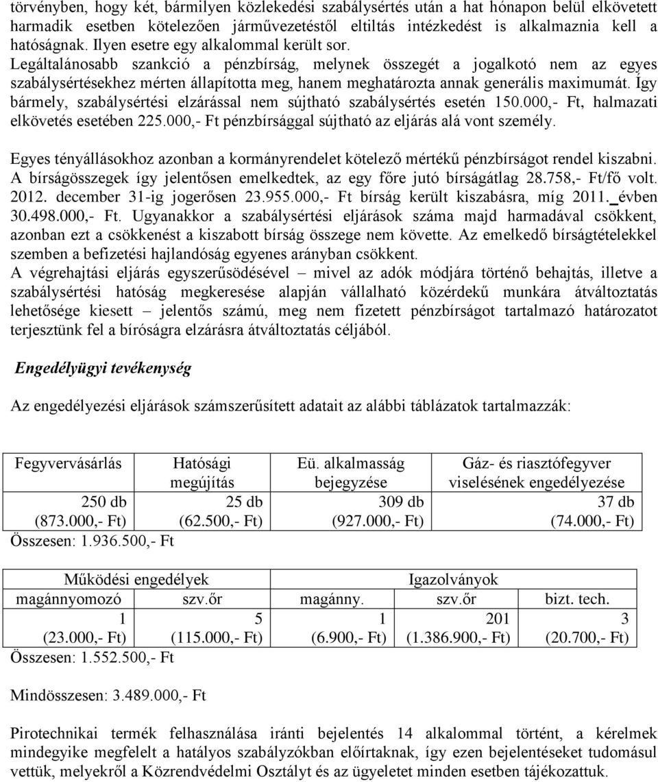 Legáltalánosabb szankció a pénzbírság, melynek összegét a jogalkotó nem az egyes szabálysértésekhez mérten állapította meg, hanem meghatározta annak generális maximumát.