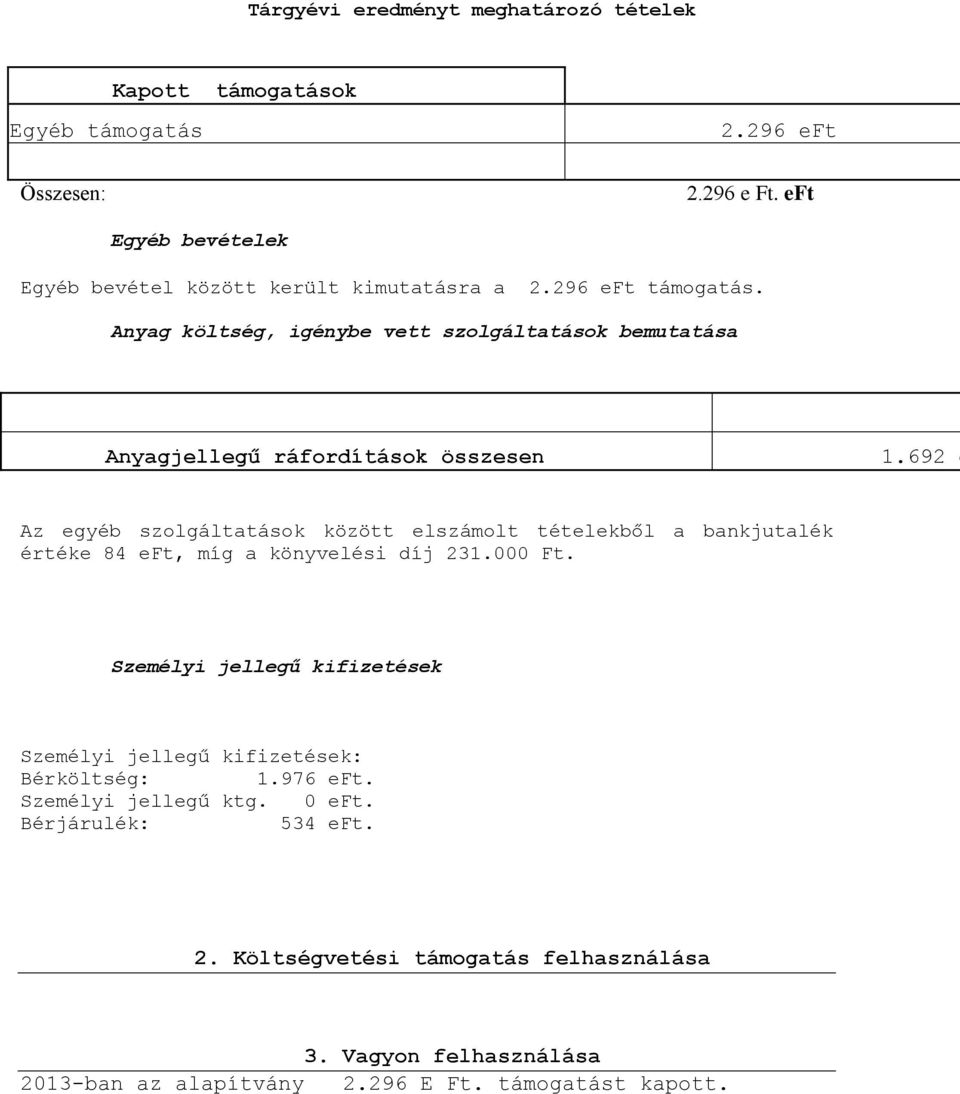 Anyag költség, igénybe vett szolgáltatások bemutatása Anyagjellegű ráfordítások összesen 1.