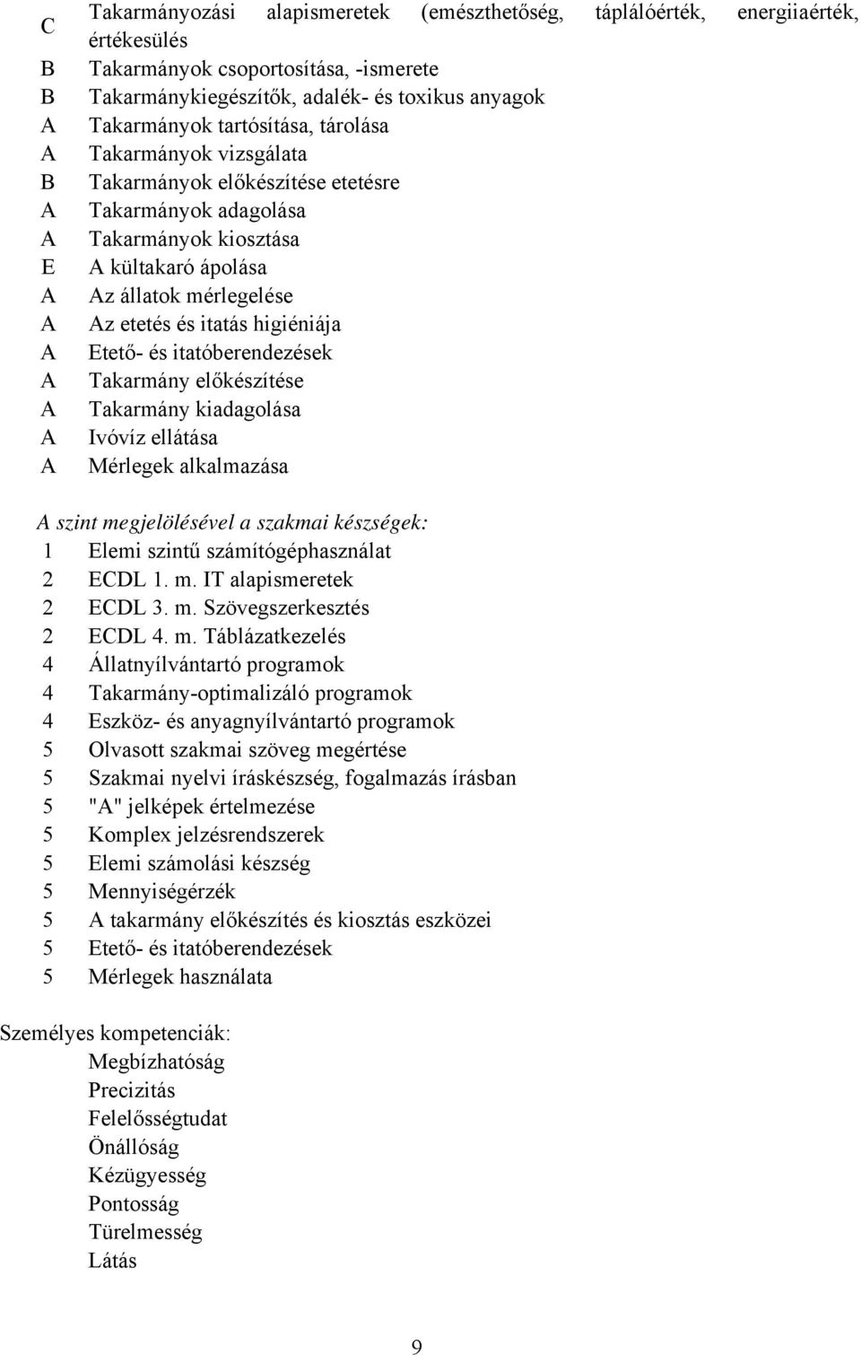 és itatóberendezések Takarmány előkészítése Takarmány kiadagolása Ivóvíz ellátása Mérlegek alkalmazása szint megjelölésével a szakmai készségek: 1 Elemi szintű számítógéphasználat 2 ECDL 1. m. IT alapismeretek 2 ECDL 3.