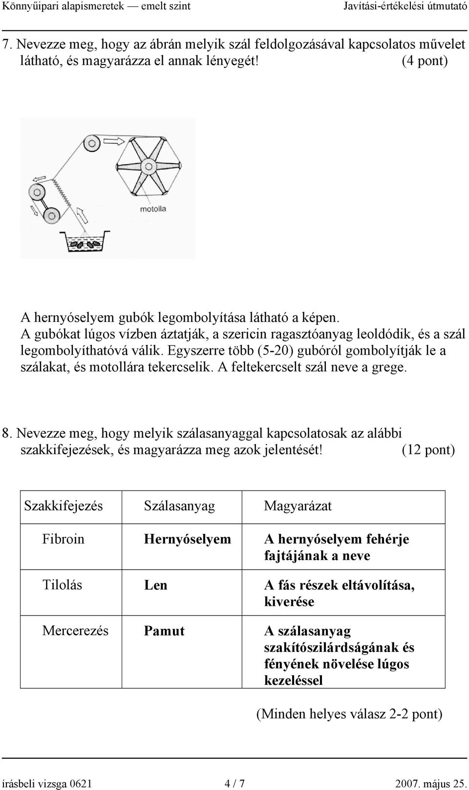 A feltekercselt szál neve a grege. 8. Nevezze meg, hogy melyik szálasanyaggal kapcsolatosak az alábbi szakkifejezések, és magyarázza meg azok jelentését!