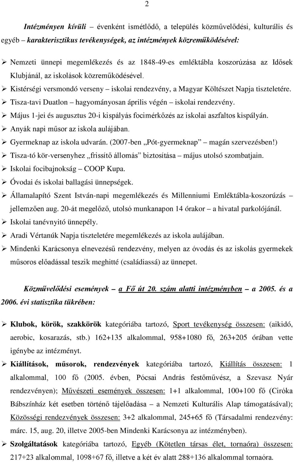 Tisza-tavi Duatlon hagyományosan április végén iskolai rendezvény. Május 1-jei és augusztus 20-i kispályás focimérkızés az iskolai aszfaltos kispályán. Anyák napi mősor az iskola aulájában.