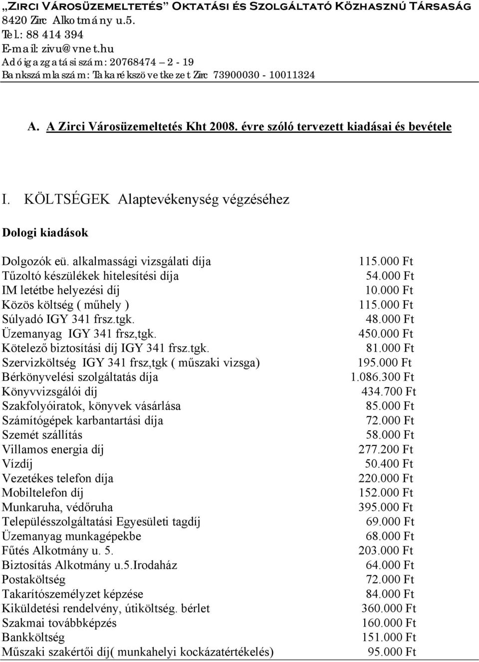 KÖLTSÉGEK Alaptevékenység végzéséhez Dologi kiadások Dolgozók eü.