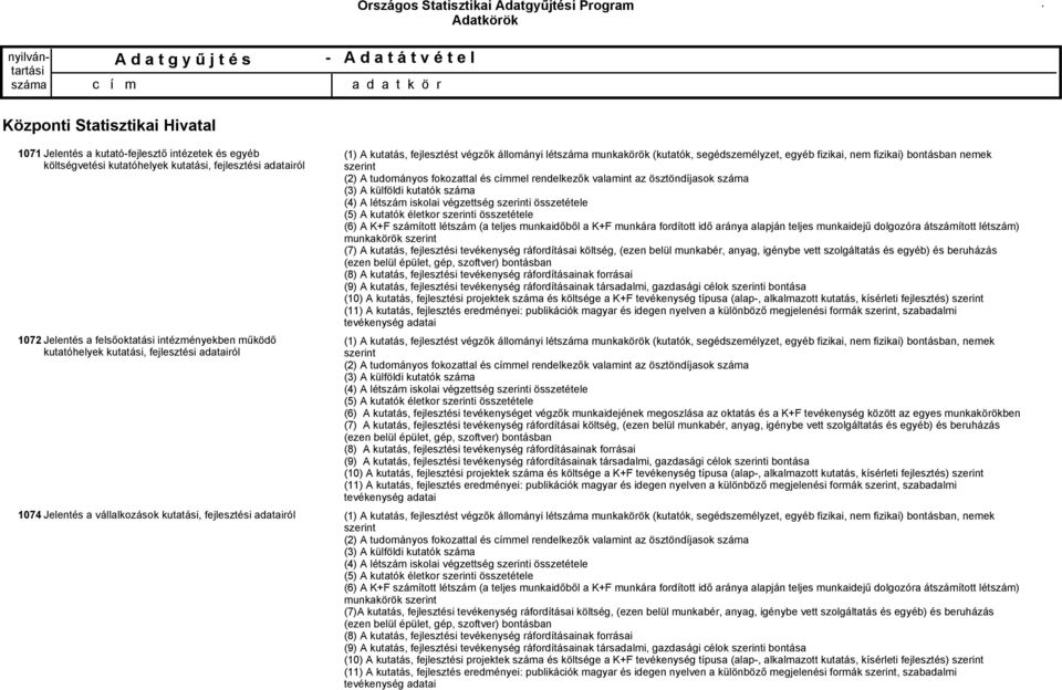 nemek szerint (2) A tudományos fokozattal és címmel rendelkezők valamint az ösztöndíjasok (3) A külföldi kutatók (4) A létszám iskolai végzettség szerinti összetétele (5) A kutatók életkor szerinti