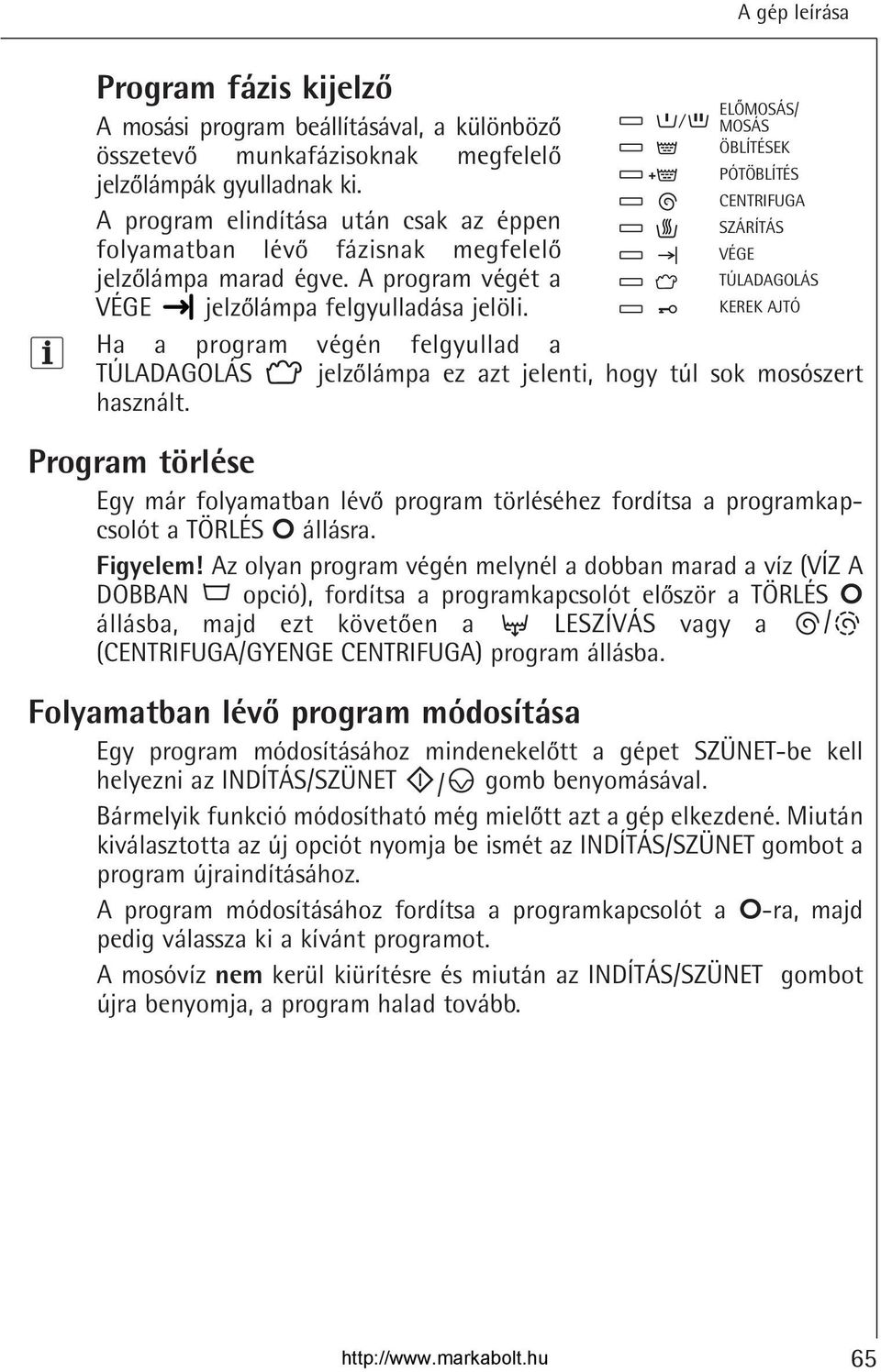 A program végét a TÚLADAGOLÁS VÉGE jelzolámpa felgyulladása jelöli. KEREK AJTÓ Ha a program végén felgyullad a TÚLADAGOLÁS jelzolámpa ez azt jelenti, hogy túl sok mosószert használt.