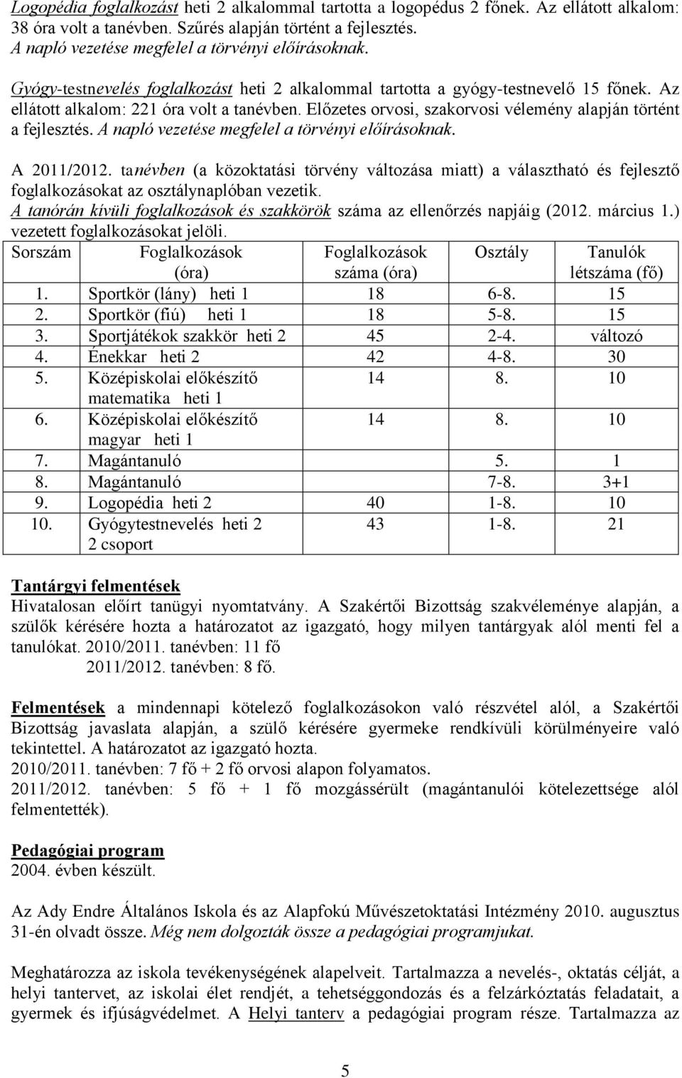 Előzetes orvosi, szakorvosi vélemény alapján történt a fejlesztés. A napló vezetése megfelel a törvényi előírásoknak. A 2011/2012.