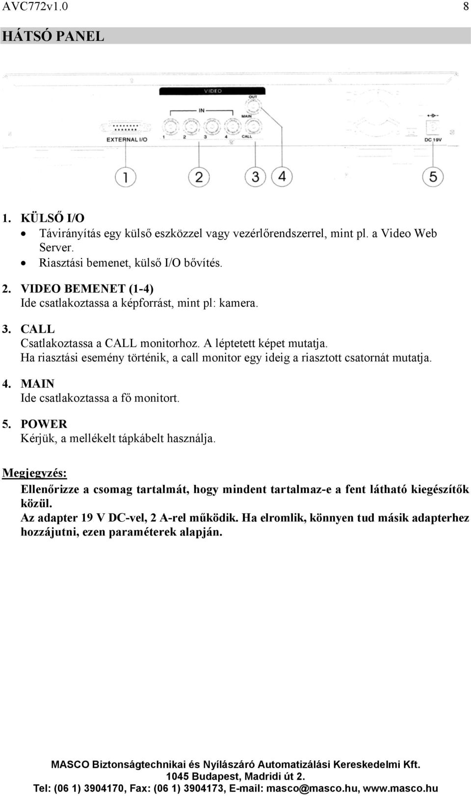 Ha riasztási esemény történik, a call monitor egy ideig a riasztott csatornát mutatja. 4. MAIN Ide csatlakoztassa a fő monitort. 5.