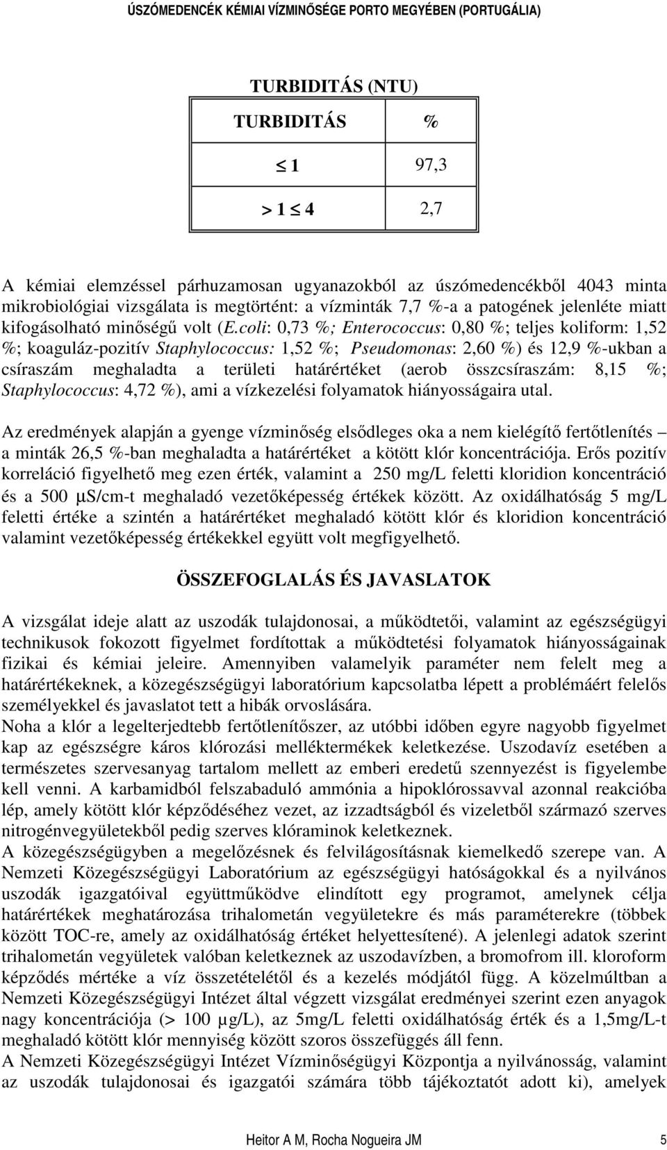 coli: 0,73 %; Enterococcus: 0,80 %; teljes koliform: 1,52 %; koaguláz-pozitív Staphylococcus: 1,52 %; Pseudomonas: 2,60 %) és 12,9 %-ukban a csíraszám meghaladta a területi határértéket (aerob