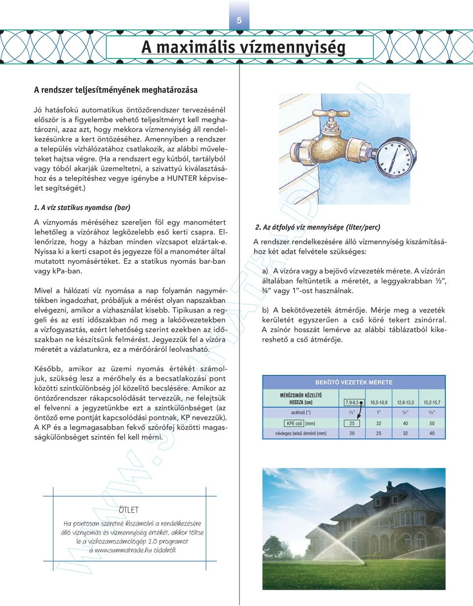 (Ha a rendszert egy kútból, tartályból vagy tóból akarják üzemeltetni, a szivattyú kiválasztásához és a telepítéshez vegye igénybe a HUNTER képviselet segítségét.) 1.