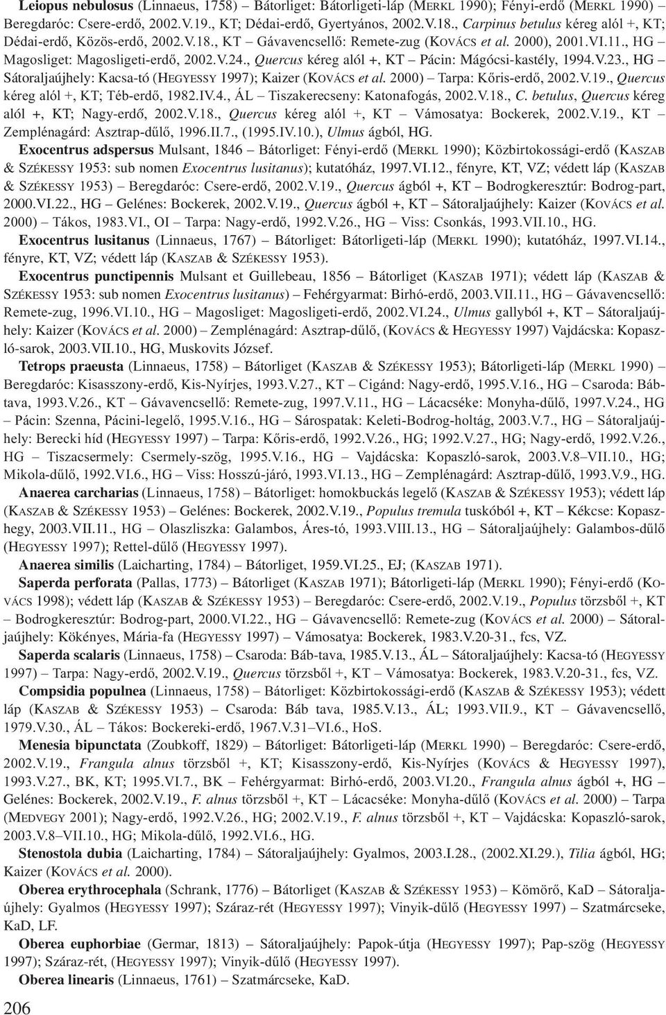 , Quercus kéreg alól +, KT Pácin: Mágócsi-kastély, 1994.V.23., HG Sátoraljaújhely: Kacsa-tó (HEGYESSY 1997); Kaizer (KOVÁCS et al. 2000) Tarpa: Kőris-erdő, 2002.V.19., Quercus kéreg alól +, KT; Téb-erdő, 1982.