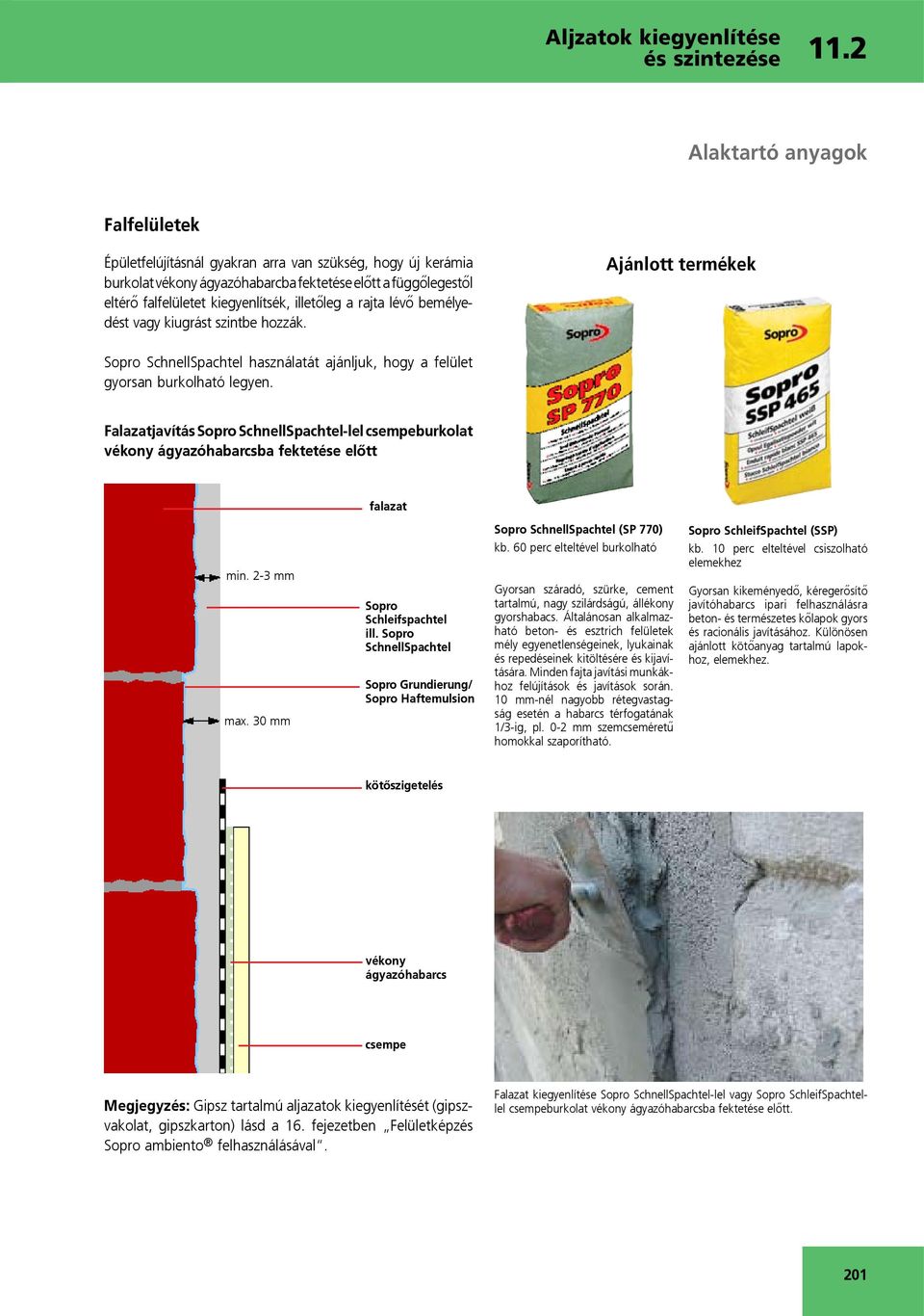 Falazatjavítás Sopro SchnellSpachtel-lel csempeburkolat vékony ágyazóhabarcsba fektetése előtt falazat min. 2-3 mm max. 30 mm Sopro Schleifspachtel ill.