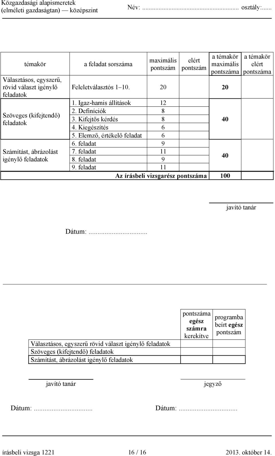 feladat 11 8. feladat 9 40 9. feladat 11 Az írásbeli vizsgarész a 100 a témakör elért a javító tanár Dátum:.