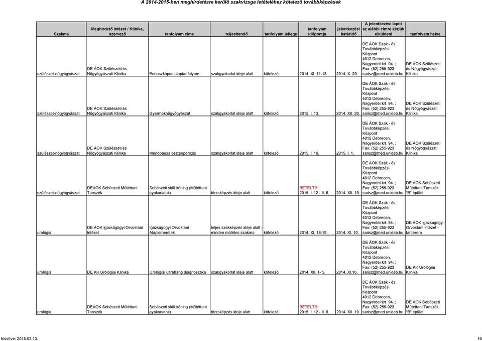 2015. I. 1. DE ÁOK Szülészeti és Nőgyógyászati DEÁOK Sebészeti Műtéttani 2015. I. 12 - II. 6. 2014. XII. 19.