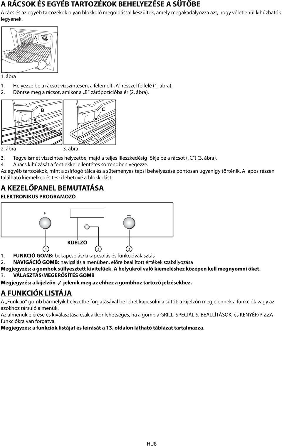 ábra 3. Tegye ismét vízszintes helyzetbe, majd a teljes illeszkedésig lökje be a rácsot ( C ) (3. ábra). 4. A rács kihúzását a fentiekkel ellentétes sorrendben végezze.