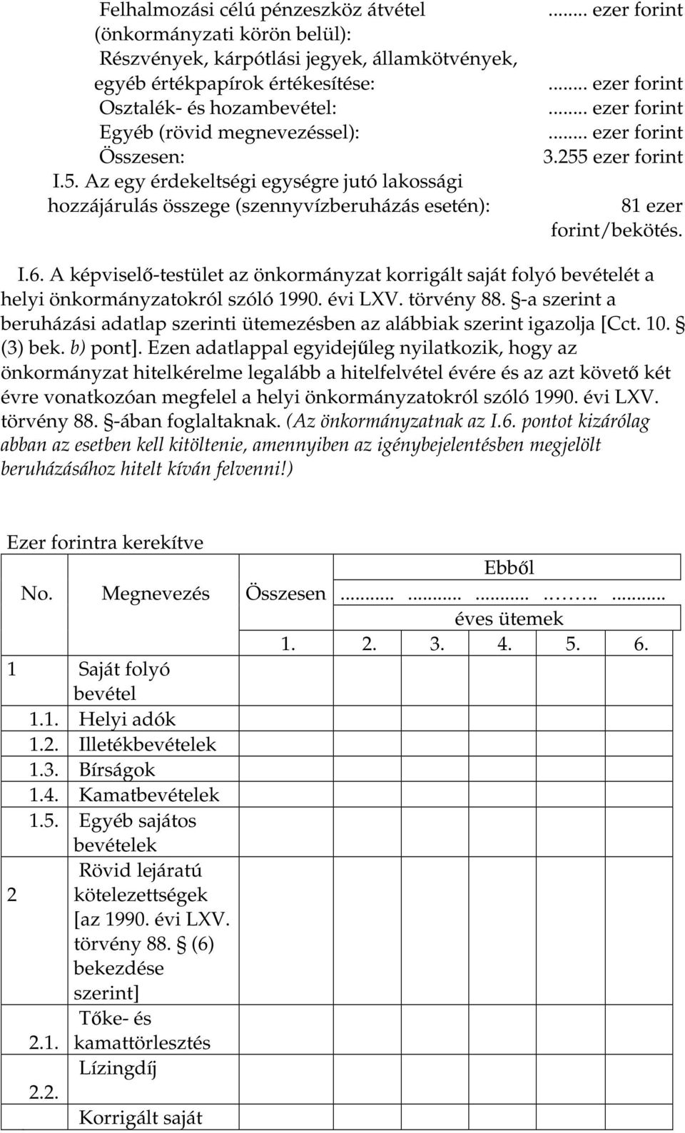 255 ezer forint 81 ezer forint/bekötés. I.6. A képviselő-testület az önkormányzat korrigált saját folyó bevételét a helyi önkormányzatokról szóló 1990. évi LXV. törvény 88.