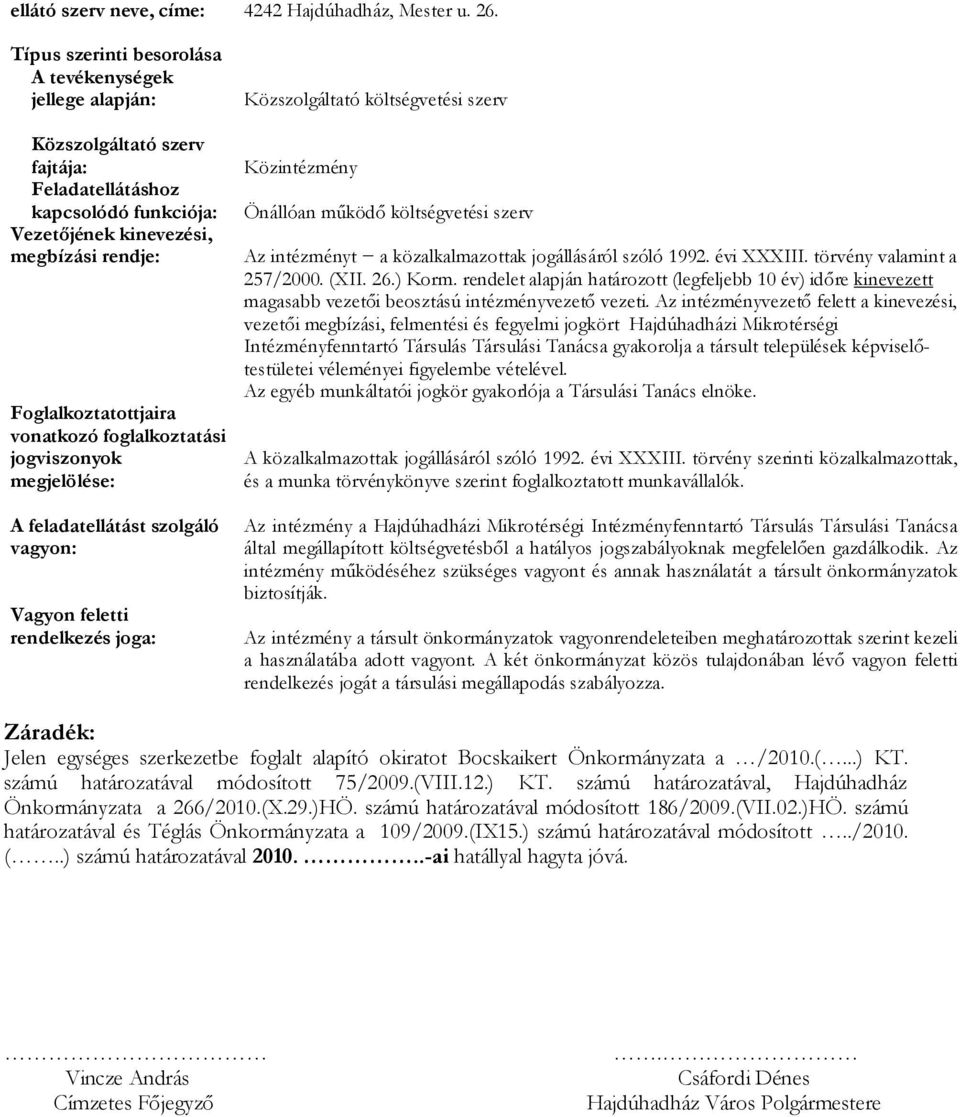 költségvetési szerv Vezetőjének kinevezési, megbízási rendje: Foglalkoztatottjaira vonatkozó foglalkoztatási jogviszonyok megjelölése: Az intézményt a közalkalmazottak jogállásáról szóló 1992.