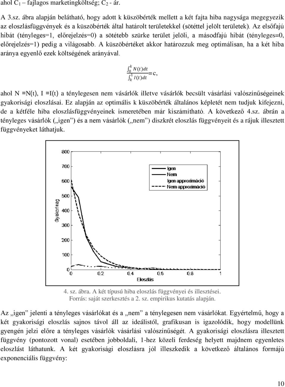 Az elsőfajú hibát (tényleges=1, előrejelzés=0) a sötétebb szürke terület jelöli, a másodfajú hibát (tényleges=0, előrejelzés=1) pedig a világosabb.