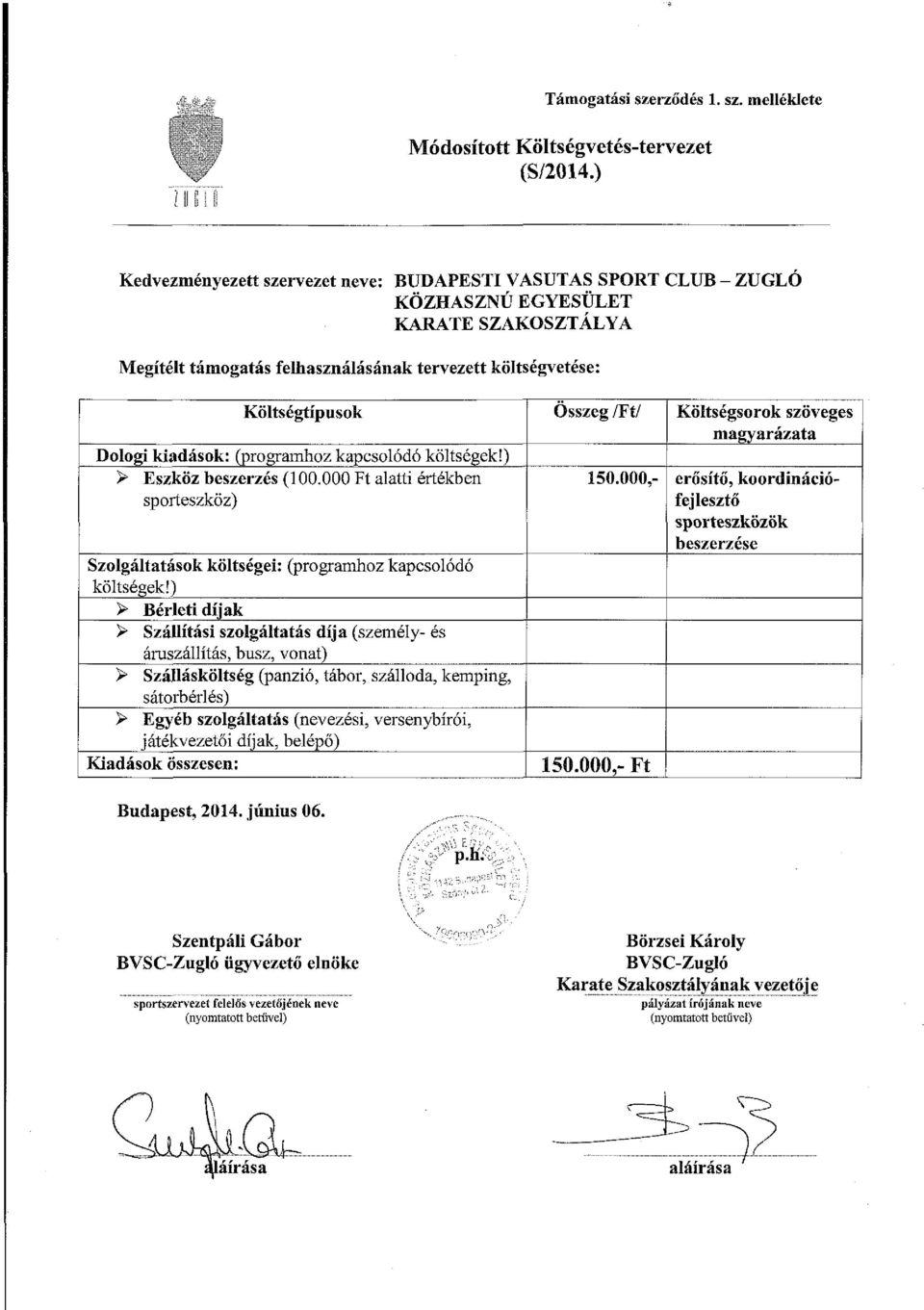 kiadások: (programhoz kapcsolódó költségek!) > Eszköz beszerzés (1. Ft alatti értékben sporteszköz) Szolgáltatások költségei: (programhoz kapcsolódó költségek!