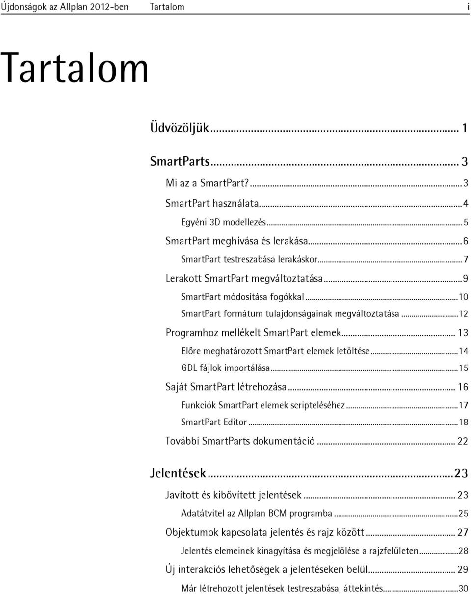 ..12 Programhoz mellékelt SmartPart elemek... 13 Előre meghatározott SmartPart elemek letöltése...14 GDL fájlok importálása...15 Saját SmartPart létrehozása.