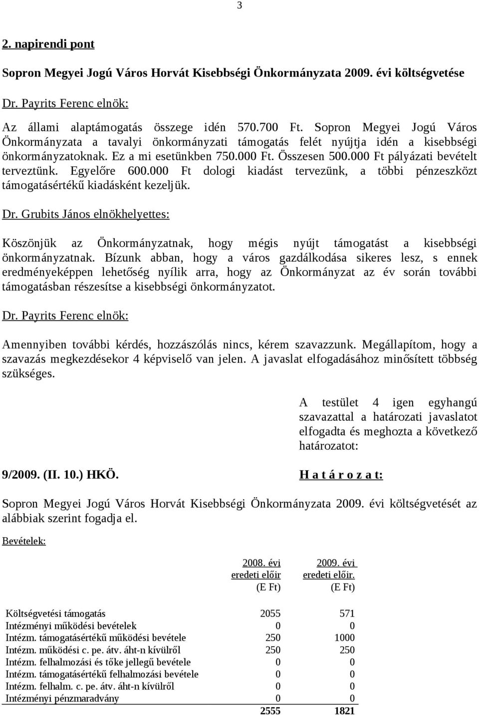 000 Ft pályázati bevételt terveztünk. Egyelőre 600.000 Ft dologi kiadást tervezünk, a többi pénzeszközt támogatásértékű kiadásként kezeljük. Dr.