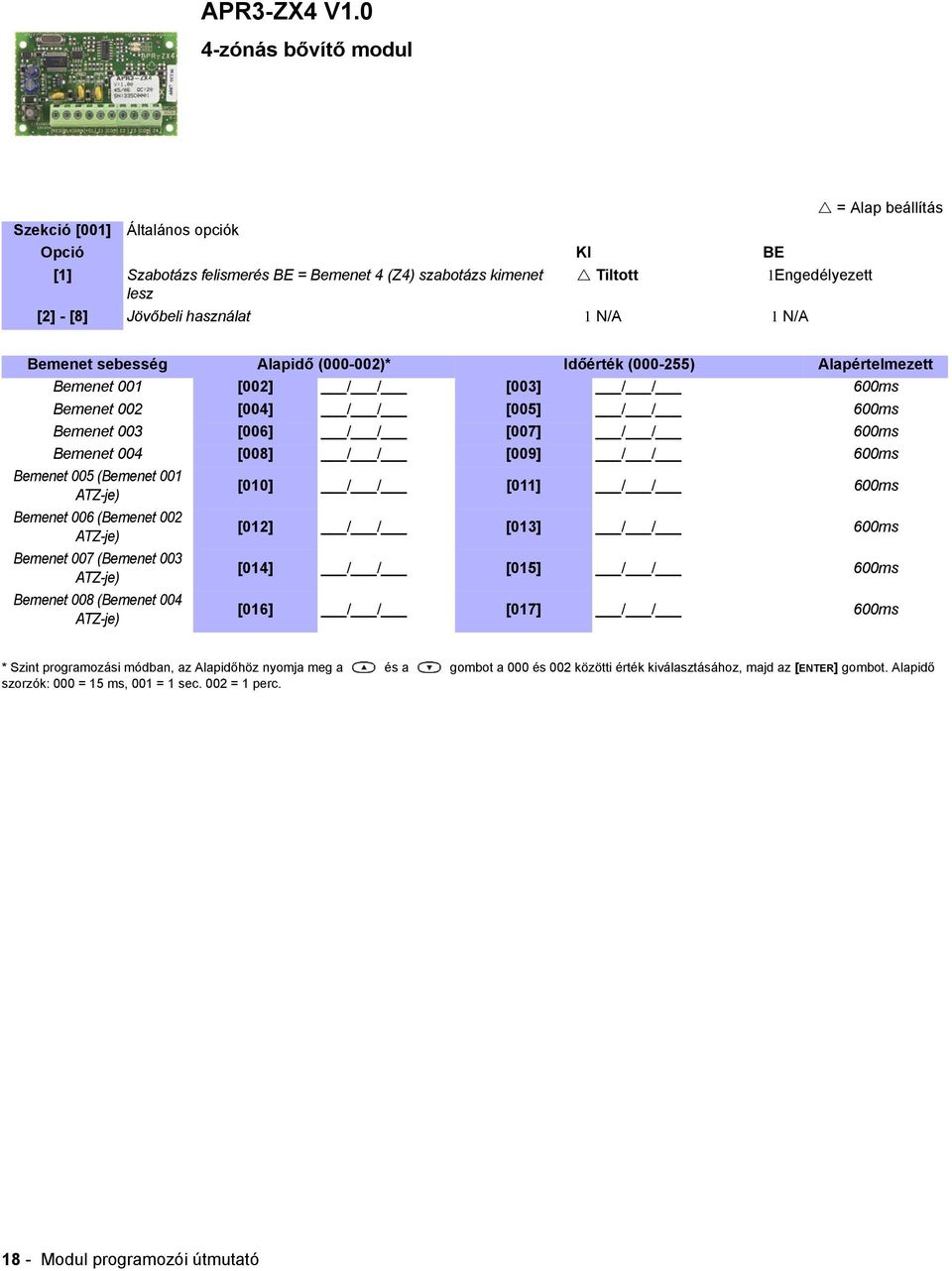 N/A Bemenet sebesség Alapidő (-002)* Időérték (-255) Alapértelmezett Bemenet 001 [002] / / [003] / / 600ms Bemenet 002 [004] / / [005] / / 600ms Bemenet 003 [006] / / [007] / / 600ms Bemenet 004