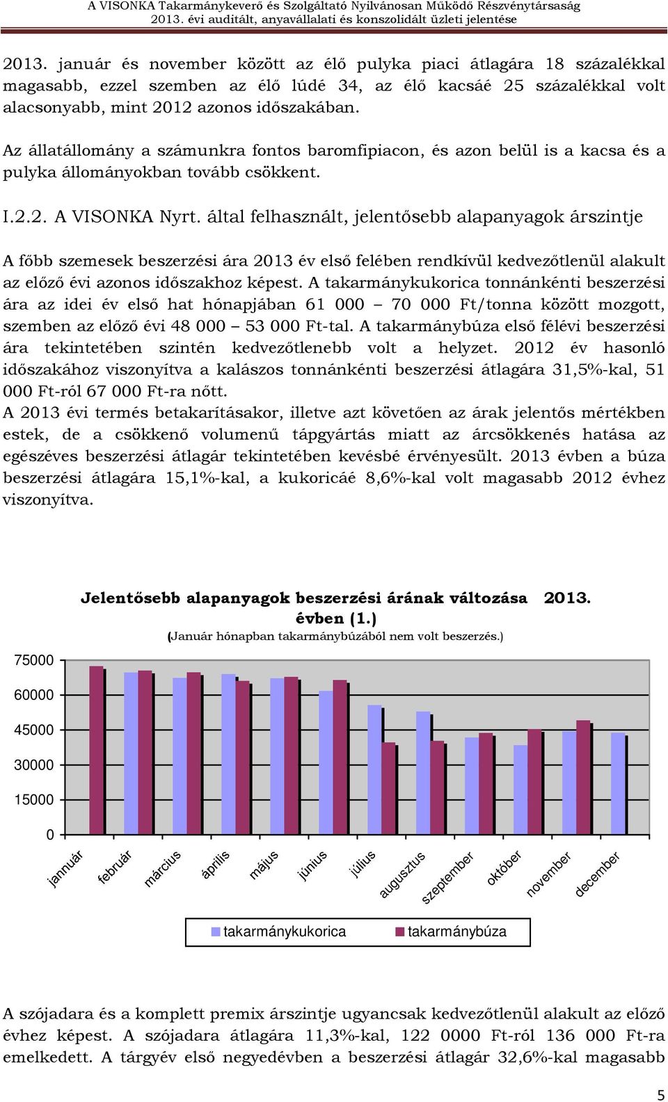 által felhasznált, jelentısebb alapanyagok árszintje A fıbb szemesek beszerzési ára 2013 év elsı felében rendkívül kedvezıtlenül alakult az elızı évi azonos idıszakhoz képest.