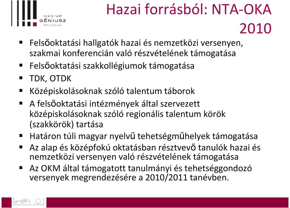 szólóregionális talentum körök (szakkörök) tartása Határon túli magyar nyelvő tehetségmőhelyek támogatása Az alap és középfokúoktatásban