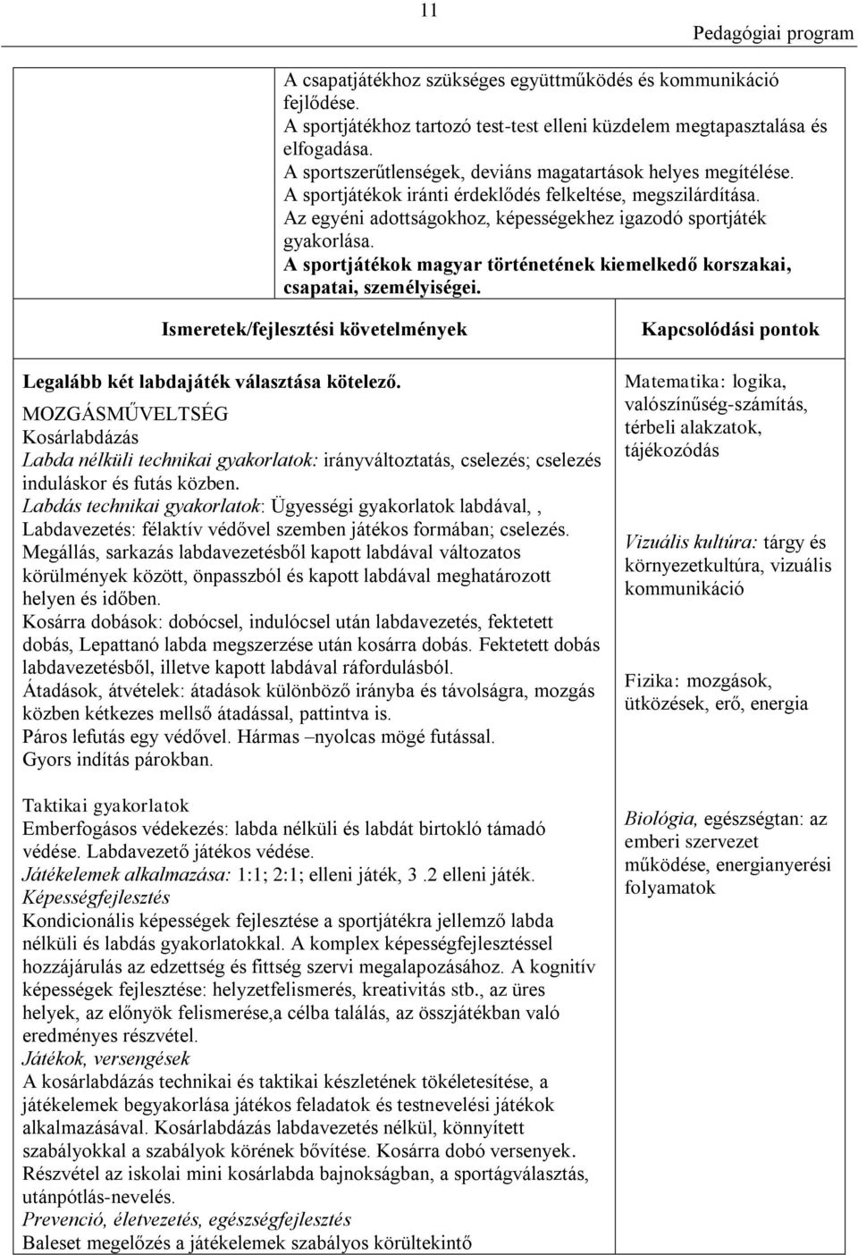 A sportjátékok magyar történetének kiemelkedő korszakai, csapatai, személyiségei. Ismeretek/fejlesztési követelmények Legalább két labdajáték választása kötelező.