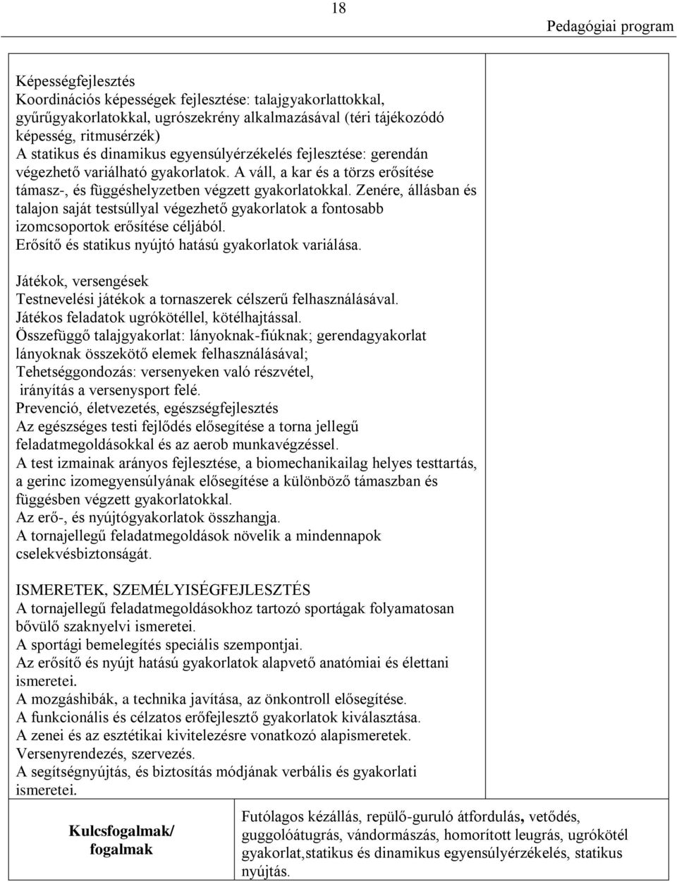 Zenére, állásban és talajon saját testsúllyal végezhető gyakorlatok a fontosabb izomcsoportok erősítése céljából. Erősítő és statikus nyújtó hatású gyakorlatok variálása.