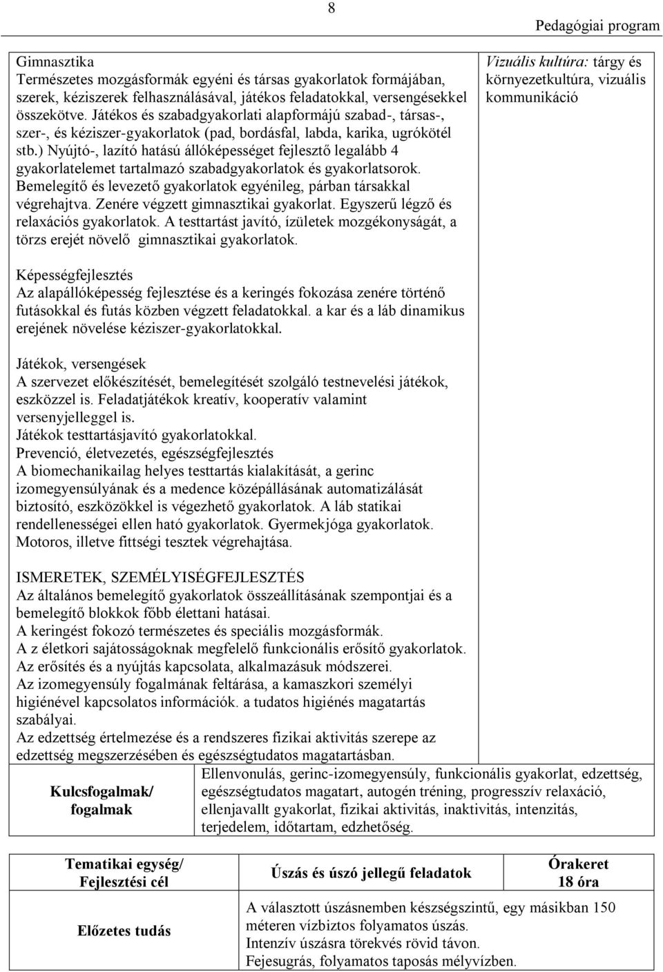 ) Nyújtó-, lazító hatású állóképességet fejlesztő legalább 4 gyakorlatelemet tartalmazó szabadgyakorlatok és gyakorlatsorok. Bemelegítő és levezető gyakorlatok egyénileg, párban társakkal végrehajtva.