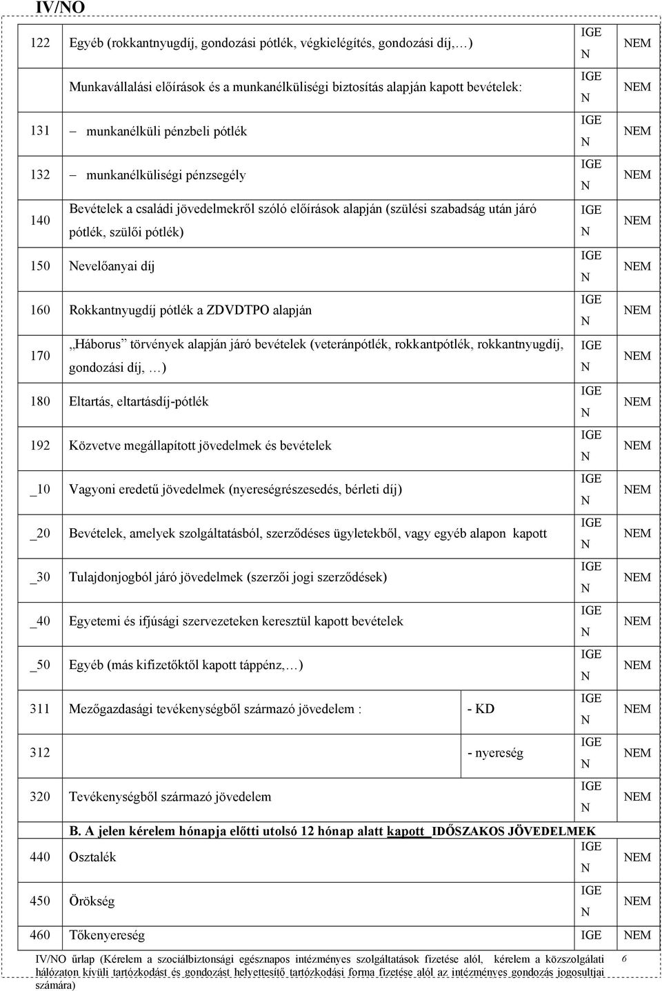 ZDVDTPO alapján 170 Háborus törvények alapján járó bevételek (veteránpótlék, rokkantpótlék, rokkantnyugdíj, gondozási díj, ) 180 Eltartás, eltartásdíj-pótlék 192 Közvetve megállapított jövedelmek és