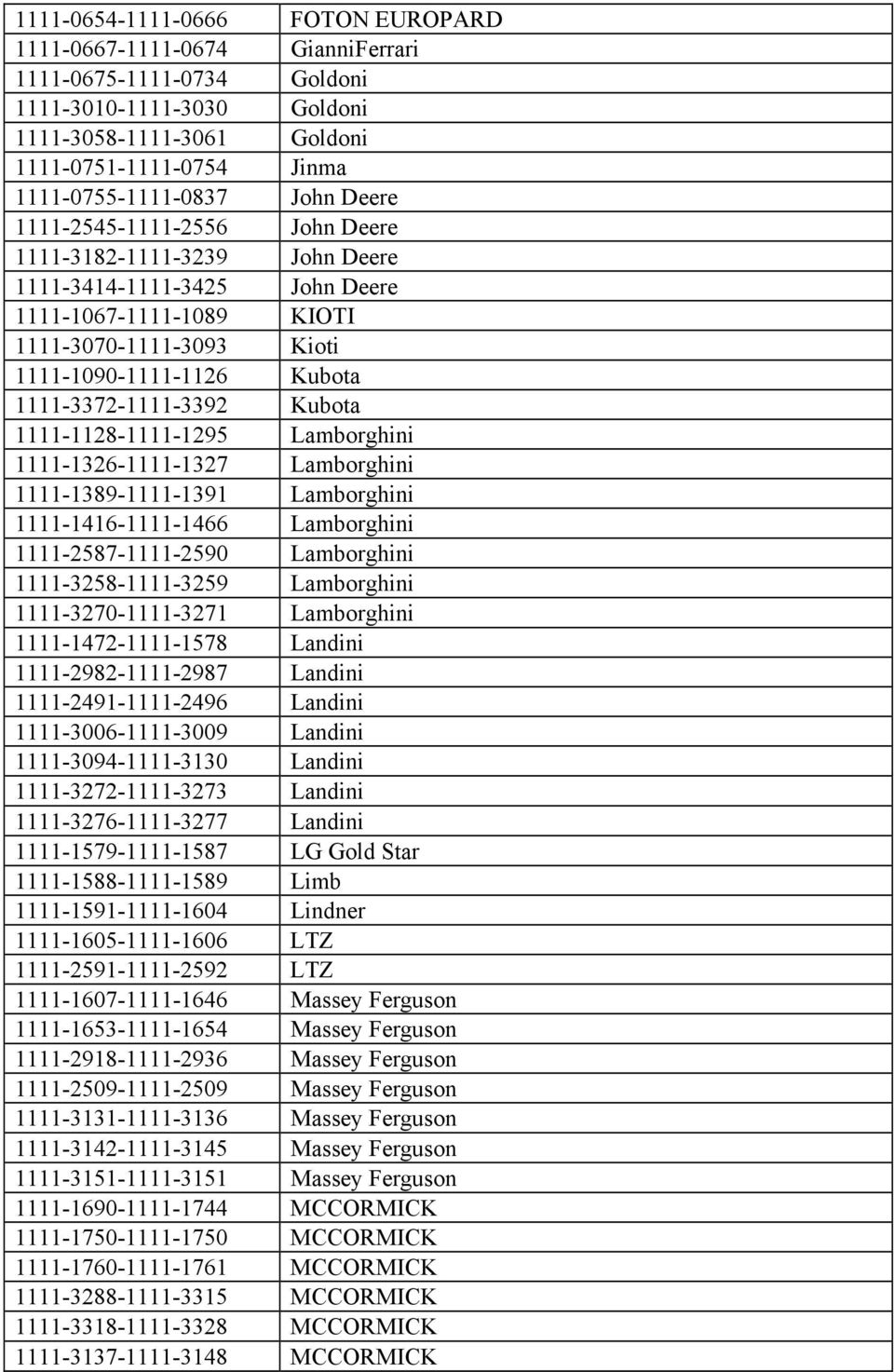 1111-3372-1111-3392 Kubota 1111-1128-1111-1295 Lamborghini 1111-1326-1111-1327 Lamborghini 1111-1389-1111-1391 Lamborghini 1111-1416-1111-1466 Lamborghini 1111-2587-1111-2590 Lamborghini