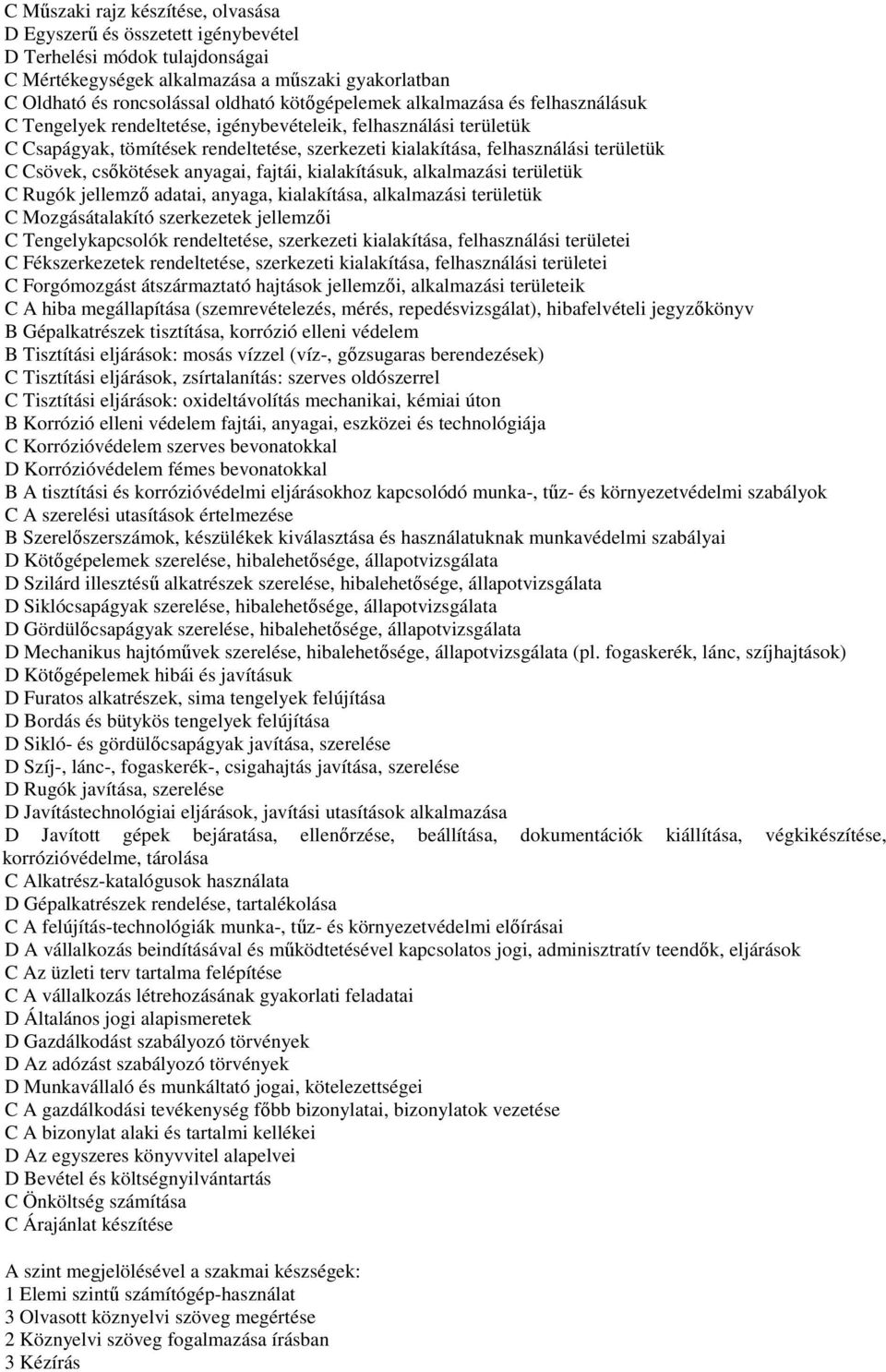 Csövek, csőkötések anyagai, fajtái, kialakításuk, alkalmazási területük C Rugók jellemző adatai, anyaga, kialakítása, alkalmazási területük C Mozgásátalakító szerkezetek jellemzői C Tengelykapcsolók