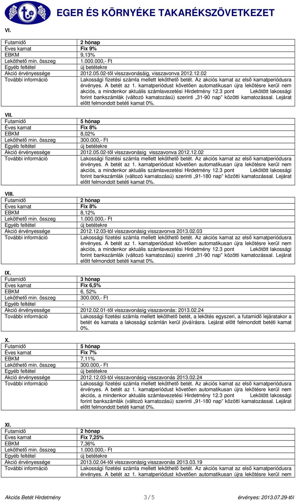 02.24 X. Éves kamat Fix 7% EBKM 7,11% 2012.12.03-tól visszavonásig visszavonás 2013.02.24 XI. Éves kamat Fix 7,25% EBKM 7,36% 2013.02.04-től visszavonásig visszavonás 2013.