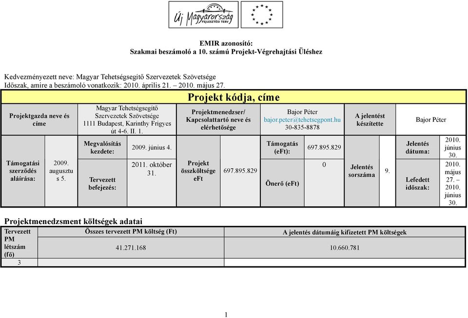 június 4. 2011. október 31. Projekt kódja, címe Projektmenedzser/ Kapcsolattartó neve és elérhetősége Projekt összköltsége eft 697.895.829 Bajor Péter bajor.peter@tehetsegpont.