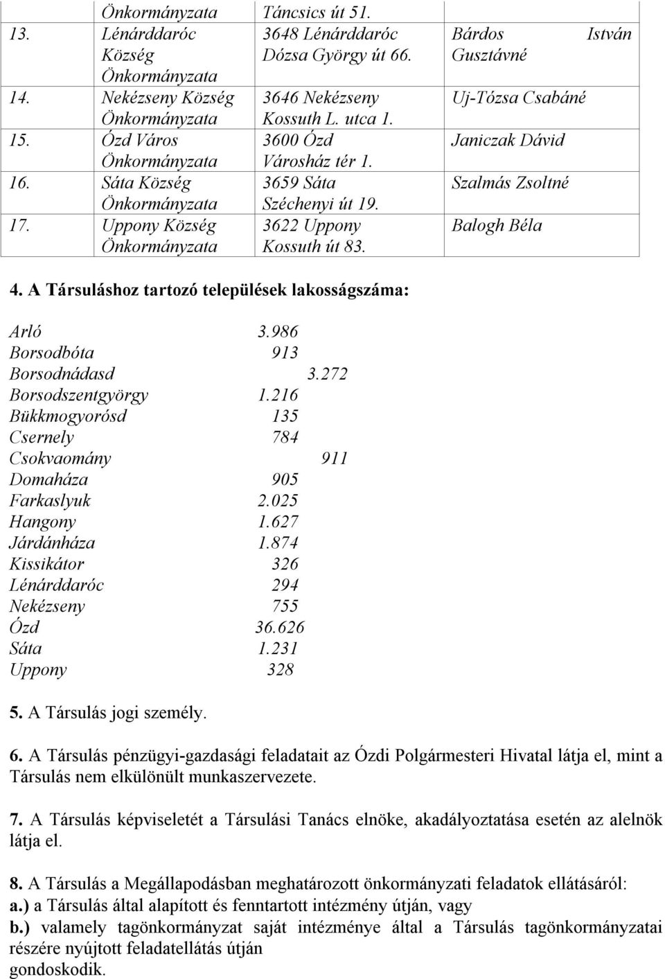 A Társuláshoz tartozó települések lakosságszáma: Arló 3.986 Borsodbóta 913 Borsodnádasd 3.272 Borsodszentgyörgy 1.216 Bükkmogyorósd 135 Csernely 784 Csokvaomány 911 Domaháza 905 Farkaslyuk 2.