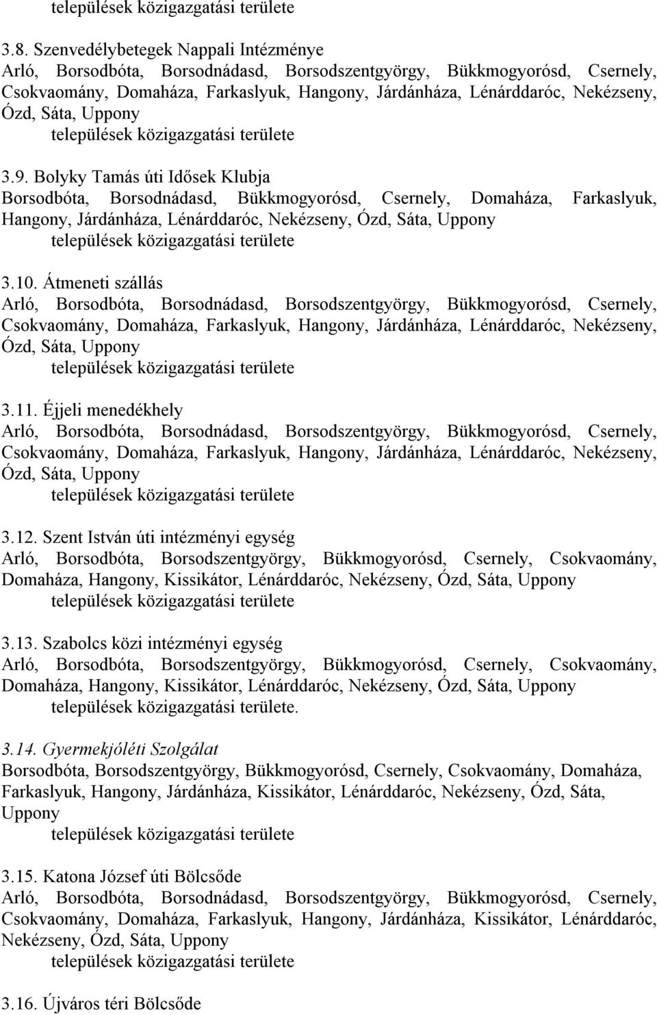 Átmeneti szállás Arló, Borsodbóta, Borsodnádasd, Borsodszentgyörgy, Bükkmogyorósd, Csernely, Csokvaomány, Domaháza, Farkaslyuk, Hangony, Járdánháza, Lénárddaróc, Nekézseny, Ózd, Sáta, Uppony 3.11.