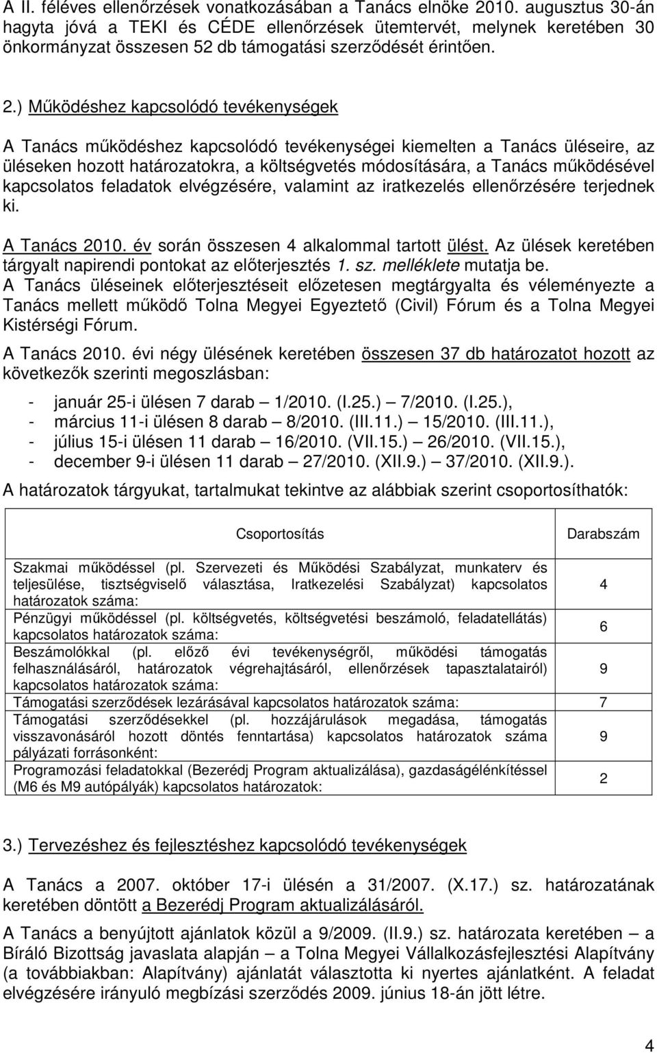 ) Mőködéshez kapcsolódó tevékenységek A Tanács mőködéshez kapcsolódó tevékenységei kiemelten a Tanács üléseire, az üléseken hozott határozatokra, a költségvetés módosítására, a Tanács mőködésével