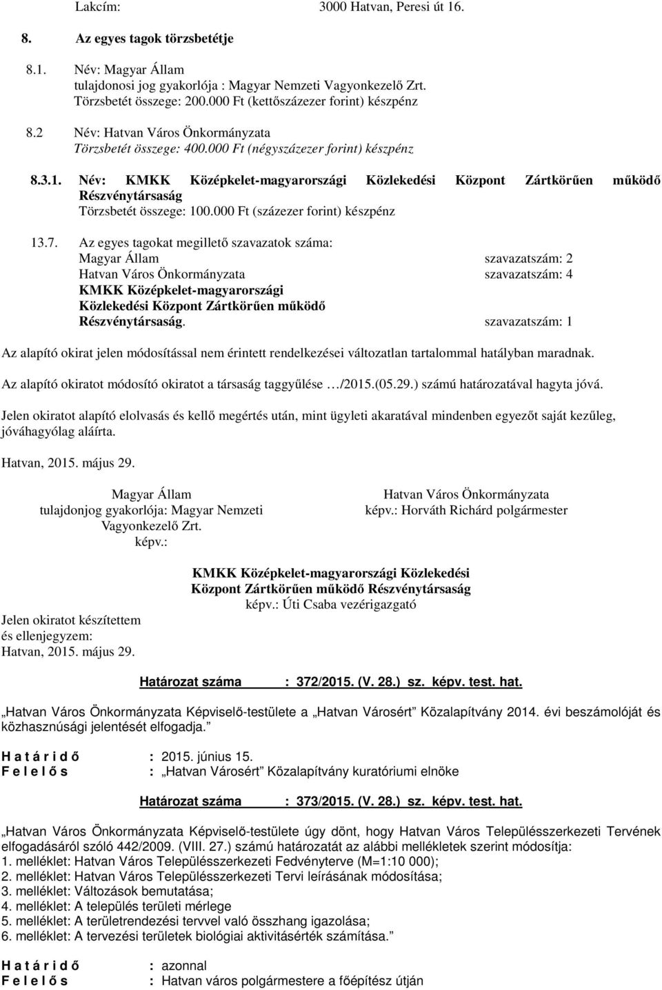 Név: KMKK Középkelet-magyarországi Közlekedési Központ Zártkörűen működő Részvénytársaság Törzsbetét összege: 100.000 Ft (százezer forint) készpénz 13.7.