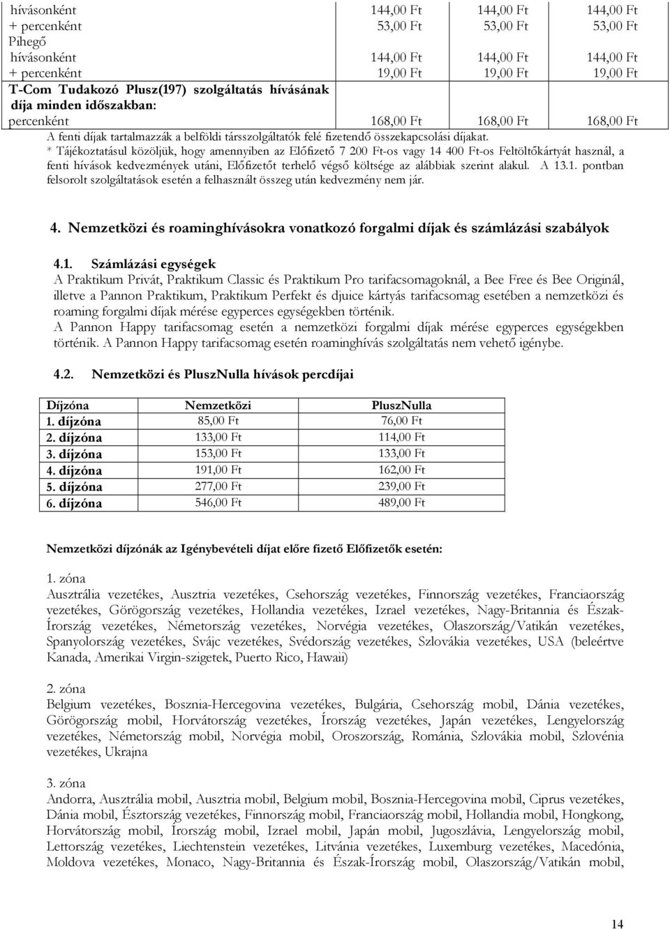 * Tájékoztatásul közöljük, hogy amennyiben az Előfizető 7 200 Ft-os vagy 14 400 Ft-os Feltöltőkártyát használ, a fenti hívások kedvezmények utáni, Előfizetőt terhelő végső költsége az alábbiak