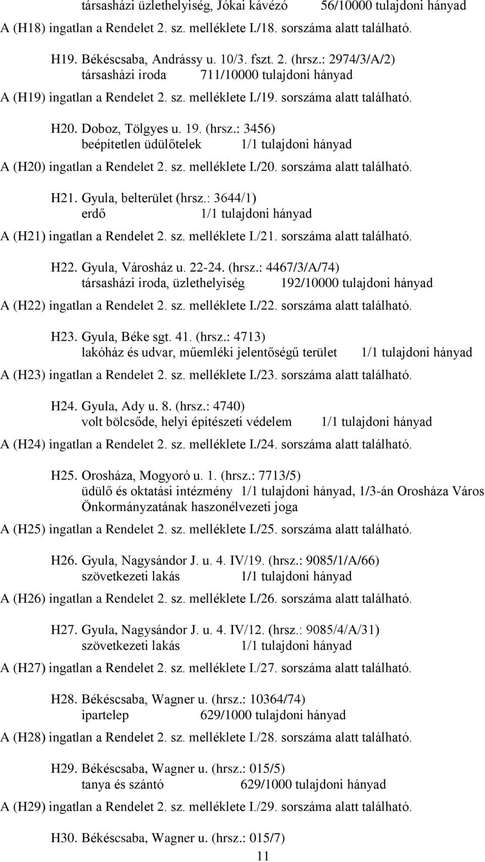 Doboz, Tölgyes u. 19. (hrsz.: 3456) beépítetlen üdülőtelek A (H20) ingatlan a Rendelet 2. sz. melléklete I./20. sorszáma alatt található. H21. Gyula, belterület (hrsz.