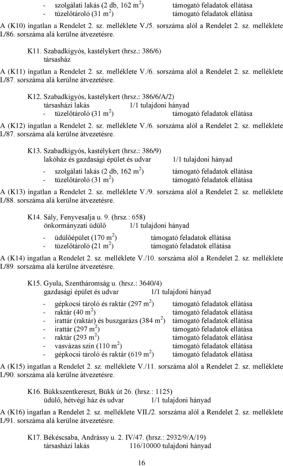 sorszáma alá kerülne átvezetésre. K12. Szabadkígyós, kastélykert (hrsz.: 386/6/A/2) társasházi lakás - tüzelőtároló (31 m 2 ) támogató feladatok ellátása A (K12) ingatlan a Rendelet 2. sz.