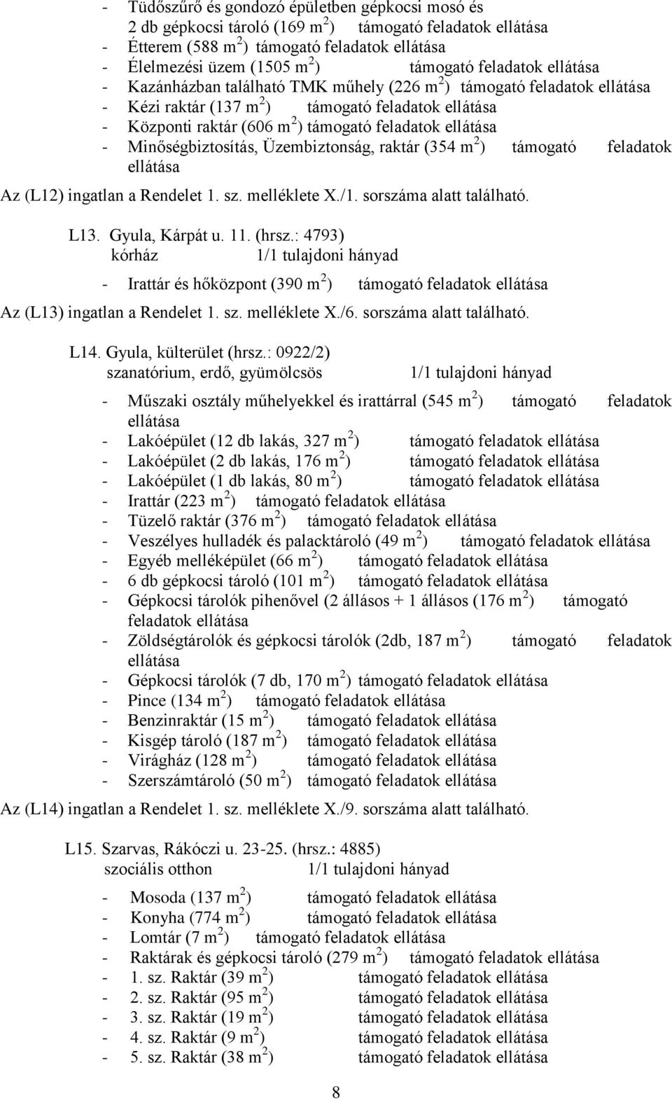 ellátása - Minőségbiztosítás, Üzembiztonság, raktár (354 m 2 ) támogató feladatok ellátása Az (L12) ingatlan a Rendelet 1. sz. melléklete X./1. sorszáma alatt található. L13. Gyula, Kárpát u. 11.