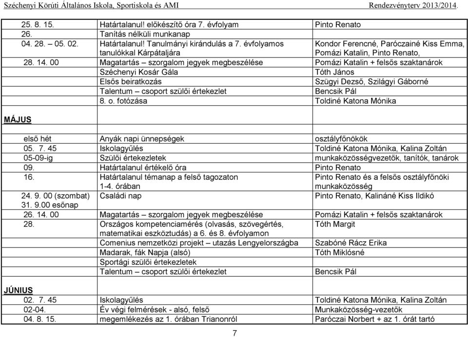 00 Magatartás szorgalom jegyek megbeszélése Pomázi Katalin + felsős szaktanárok Széchenyi Kosár Gála Tóth János Elsős beiratkozás Szügyi Dezső, Szilágyi Gáborné 8. o.