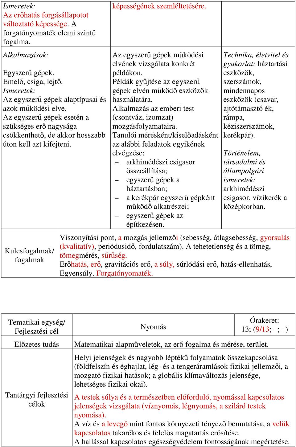 Az egyszerű gépek működési elvének vizsgálata konkrét példákon. Példák gyűjtése az egyszerű gépek elvén működő eszközök használatára. Alkalmazás az emberi test (csontváz, izomzat) mozgásfolyamataira.