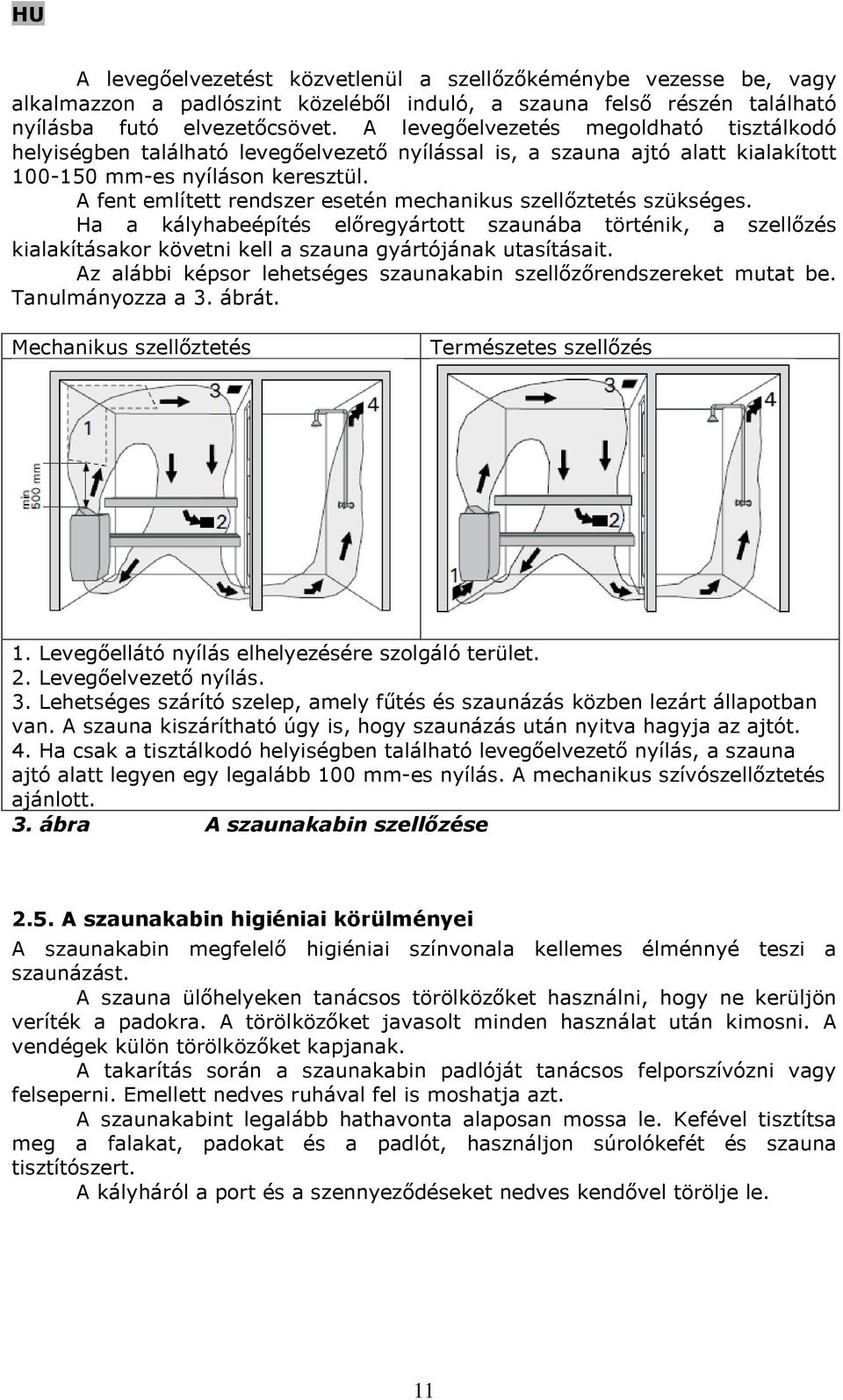 A fent említett rendszer esetén mechanikus szellőztetés szükséges. Ha a kályhabeépítés előregyártott szaunába történik, a szellőzés kialakításakor követni kell a szauna gyártójának utasításait.