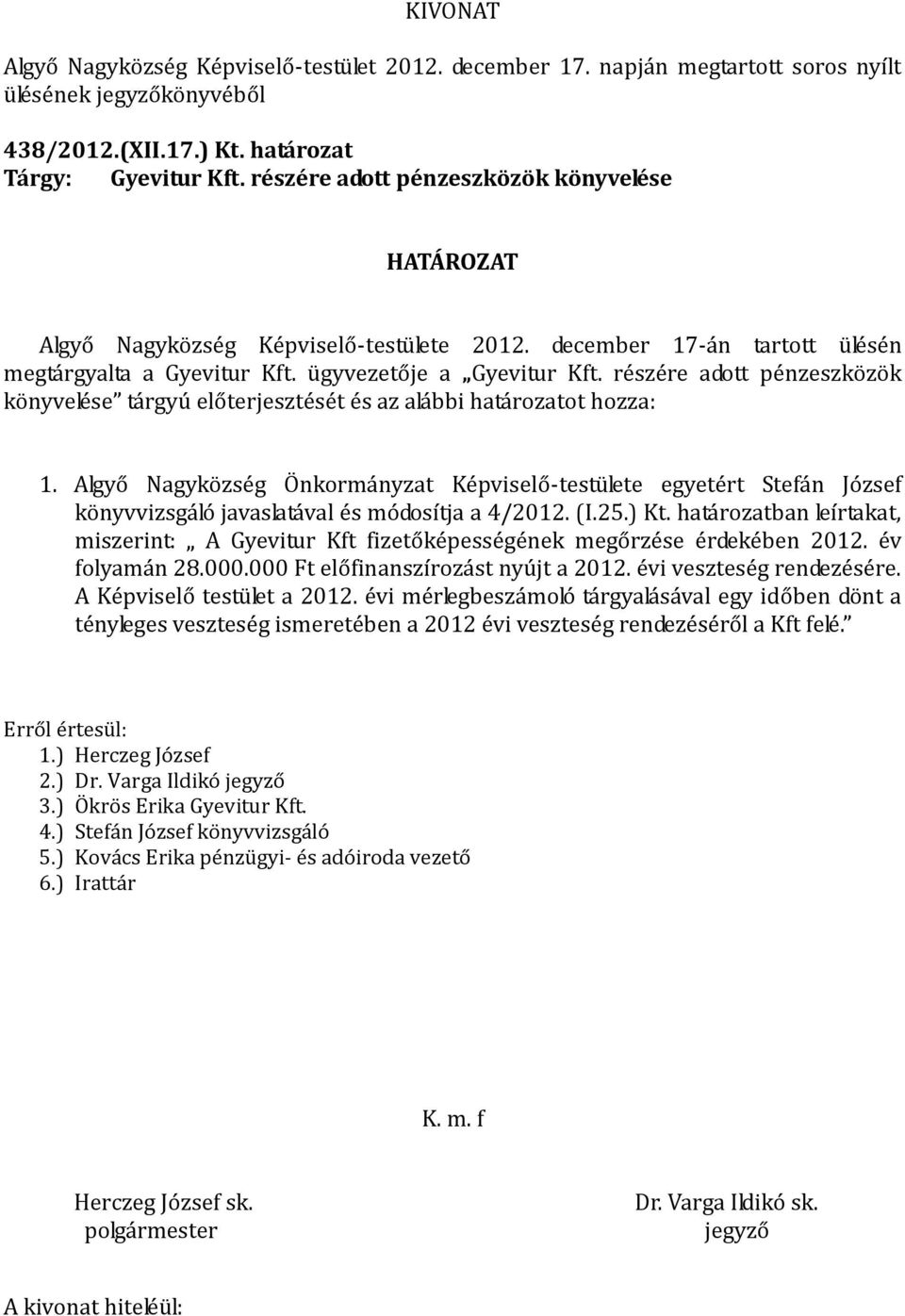 Algyő Nagyközség Önkormányzat Képviselő-testülete egyetért Stefán József könyvvizsgáló javaslatával és módosítja a 4/2012. (I.25.) Kt.